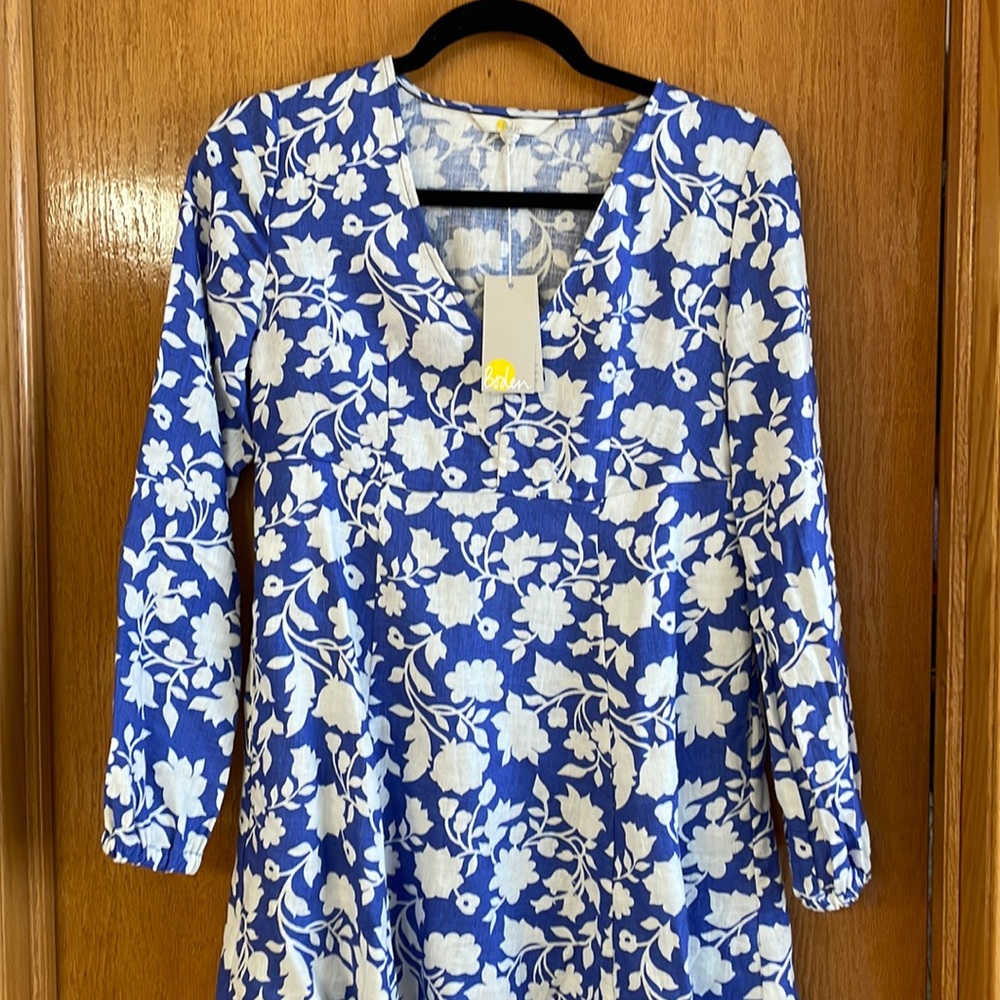 New with tag Boden linen mini dress with blue floral pattern.